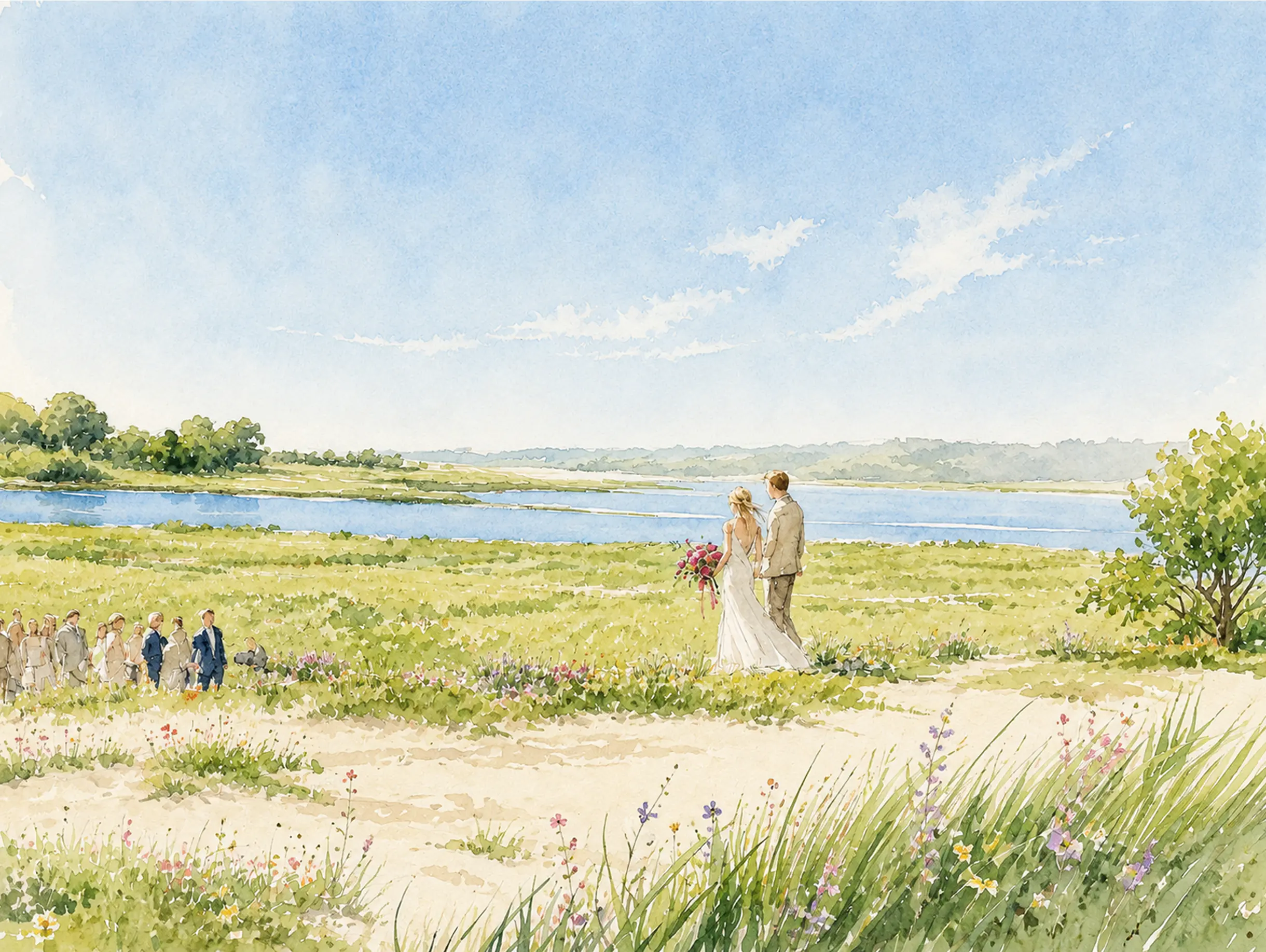 A watercolour of a couple on a meadow above a river, their guests gathered nearby