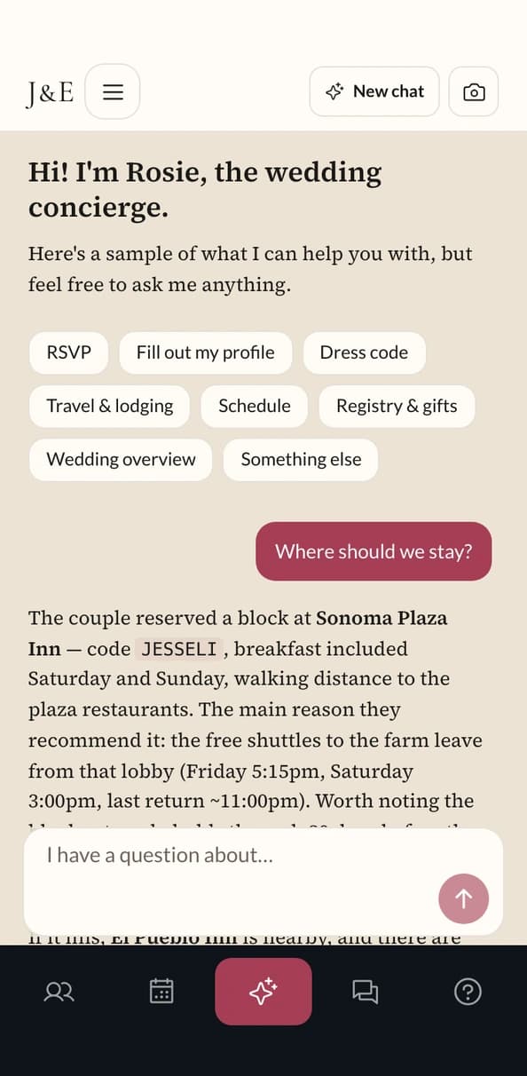 Rosie, the AI concierge, answering “Where should we stay?” with the couple's hotel block, booking code, and shuttle details